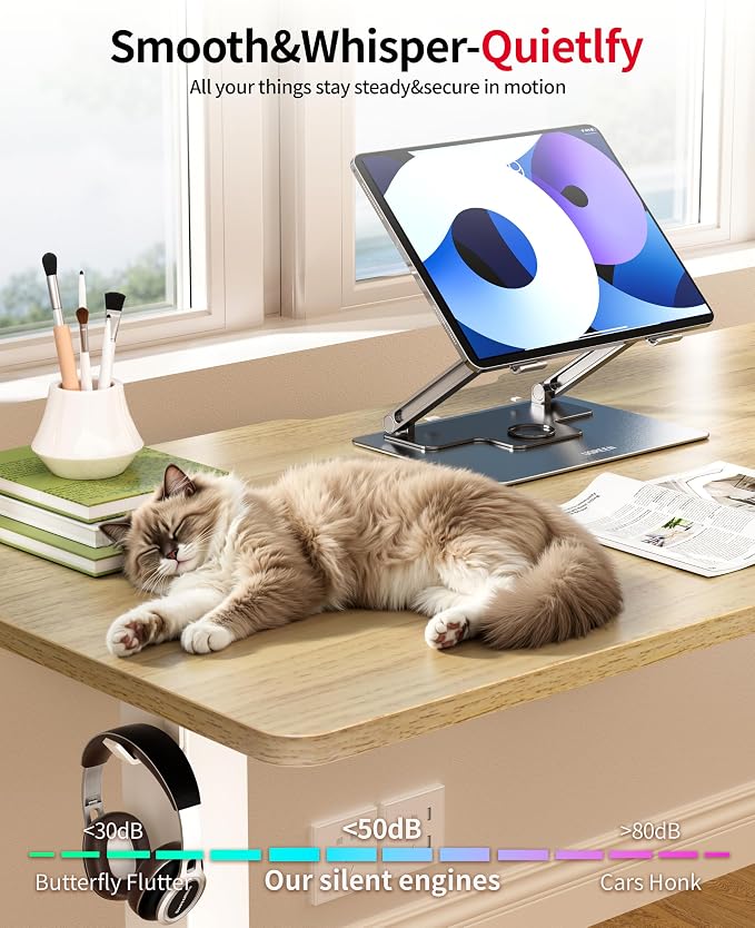 Okin Standing Desk Electric Adjustable Computer Whole Piece Stand up Desk with Wheels Office Gaming Home Office Memory Desks 48x24 inches Cream Pecans