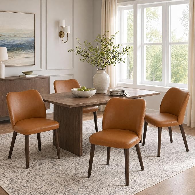 COLAMY Dining Chairs Set of 4, Upholstered Leather Kitchen Chairs with Curved Back, Padded Seat and Solid Wood Legs, Modern Dining Chair for Kitchen Dining Room,Light Brown