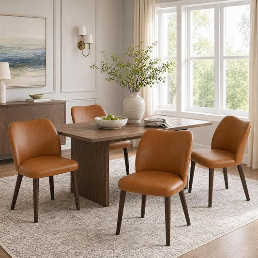 COLAMY Dining Chairs Set of 4, Upholstered Leather Kitchen Chairs with Curved Back, Padded Seat and Solid Wood Legs, Modern Dining Chair for Kitchen Dining Room,Light Brown