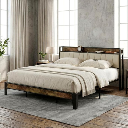 LIKIMIO King Bed Frame, Storage Headboard with Charging Station, Solid and Stable, Noise Free, No Box Spring Needed, Easy Assembly (Walnut and Beige)