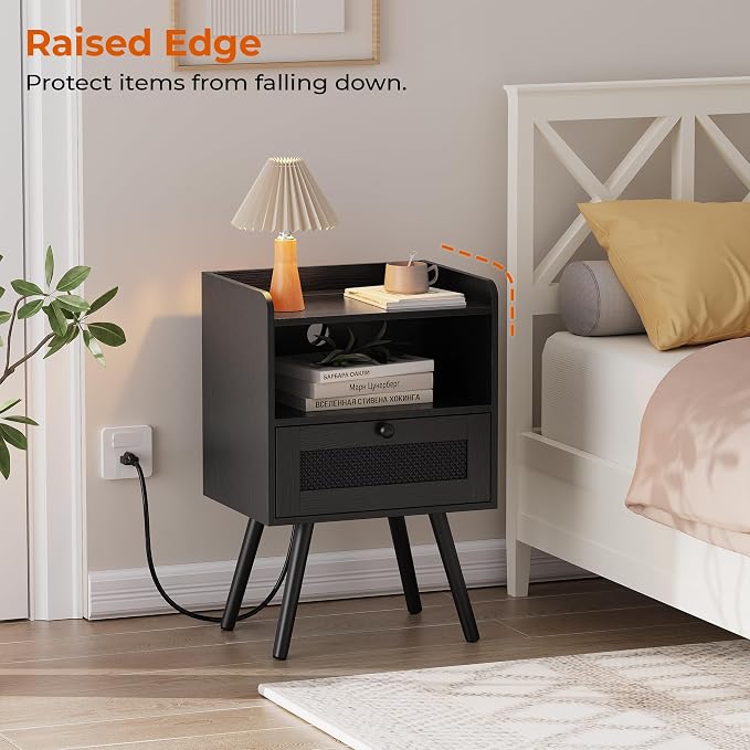 SUPERJARE Nightstand with Charging Station, Bedside Table with Texilene Surface Drawers, Rattan Side Table with Storage & Solid Wood Feet, End Table for Bedroom, All Black