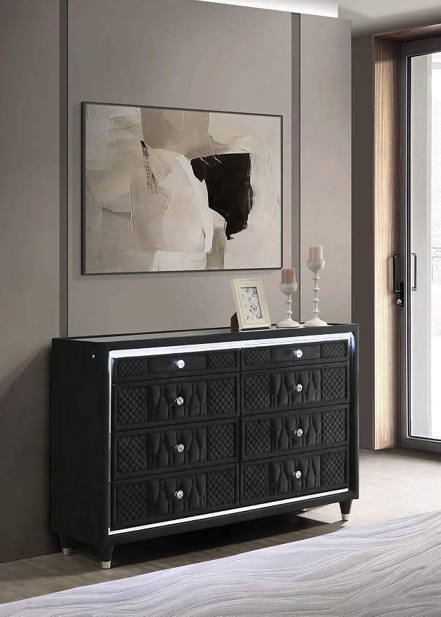Coaster Home Furnishings - Lorient - Wood and Velvet - 8-Drawer Dresser with LED Lighting, Quilted Fronts and Crystal Knobs - Bedroom - Black - 223163