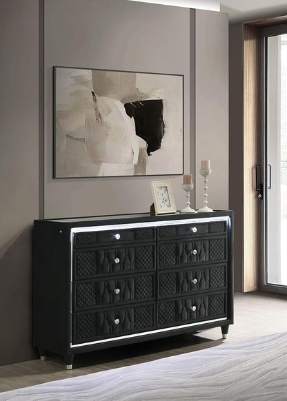 Coaster Home Furnishings - Lorient - Wood and Velvet - 8-Drawer Dresser with LED Lighting, Quilted Fronts and Crystal Knobs - Bedroom - Black - 223163