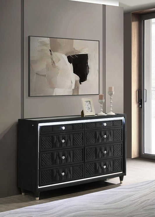 Coaster Home Furnishings - Lorient - Wood and Velvet - 8-Drawer Dresser with LED Lighting, Quilted Fronts and Crystal Knobs - Bedroom - Black - 223163