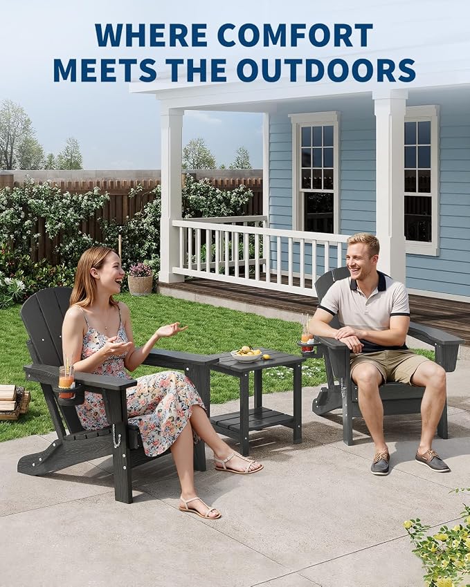 Folding Adirondack Chair Set of 4 with 2 Side Table, All-Weather HDPE Outdoor Chair, Wooden Textured with Cup Holder for patios, Decks, Gardens, fire pits, Grey