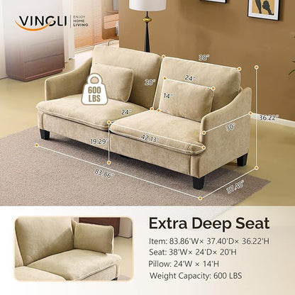 VINGLI 84" Extra Deep Seat Sofa Couch, 3 Seater Upholstered Living Room Couches with 2 Piped Seater Cushions, Throw Pillows, Modern Linen Velvet Fabric Sofa for Apartment Bedroom Office