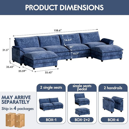 Homall 159" Modular Sectional Sofa, Loveseat Sofa Couch with Double-Layer Cushion, DIY Combination Chenille Deep 2-Seat Cloud Couch for Living Room (Dark Blue, U Shaped Sofa)