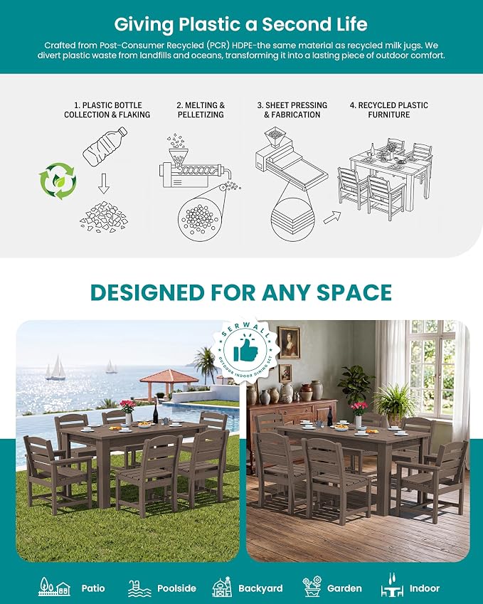 SERWALL HDPE Dining Set for 8: 2 Umbrella Hole Tables + 8 Chairs. for Garden, Backyard, Poolside. Coffee