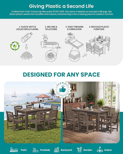 SERWALL HDPE Dining Set for 8: 2 Umbrella Hole Tables + 8 Chairs. for Garden, Backyard, Poolside. Coffee
