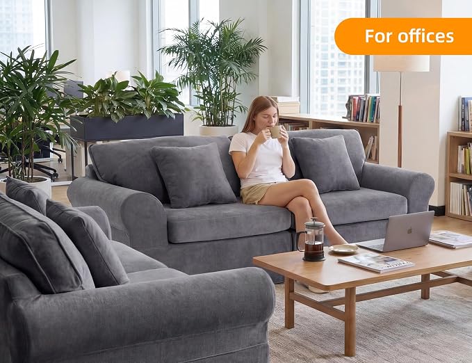 Mistpeople Modern Loveseat Sofa Couch, Upholstered Comfy Sofa with Pillows & Armrests, Deep Seating Couch with Removable Cover for Living Room Bedroom Apartment Office Small Spaces, Grey 3 Seats
