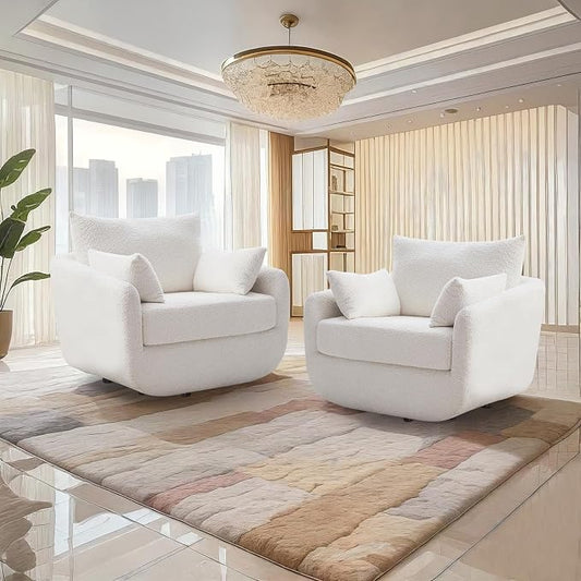 360° Swivel Accent Armchair Set of 2, 39.3" Oversized, Sherpa Boucle Fabric Sofa Chair with Removable Back & Arm Pillows, Swivel Chairs with Cozy Soft Padded, White