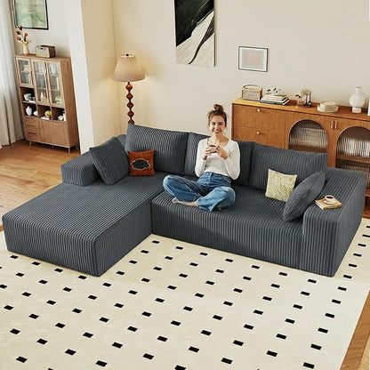 95" Cloud Sectional Couch with L-Shape Chaise, Modular Comfy Sofa Chaise Longue, Upholstered Corduroy Couches Sleeper with Deep Seat for Living Room Bedroom, No Assembly Required(Grey, Left Facing)