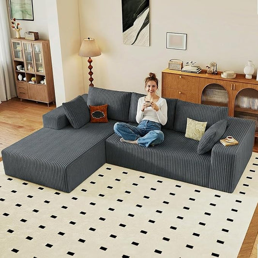 95" Cloud Sectional Couch with L-Shape Chaise, Modular Comfy Sofa Chaise Longue, Upholstered Corduroy Couches Sleeper with Deep Seat for Living Room Bedroom, No Assembly Required(Grey, Left Facing)