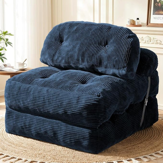 Folding Sofa Bed, Convertible Sleeper Chair with Back Support and Pillow Futon,Boneless Foldable Couch for Living Room/Guest Use/Home Office, Foldable Chair Bed for Adults, Navy Blue