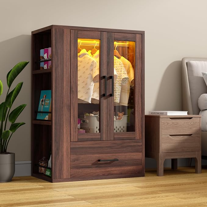 Wooden Dog Closet with LED Lights, Pet Wardrobe Organizer | Storage Cabinet for Dog & Cat Clothes, Toys, Food | Multi-Use Furniture, Walnut