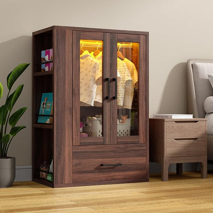 Wooden Dog Closet with LED Lights, Pet Wardrobe Organizer | Storage Cabinet for Dog & Cat Clothes, Toys, Food | Multi-Use Furniture, Walnut