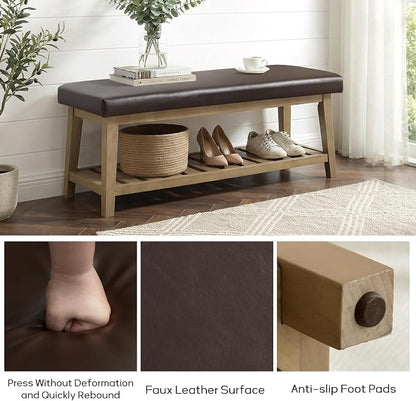Entryway Bench with Cushion, Upholstered Shoe Rack Bench with Solid Wood Shelf, 44" End of Bed Bench for Bedroom, Chenille Fabric Storage Bench for Entryway, Hallway, Living Room (PU-Brown)