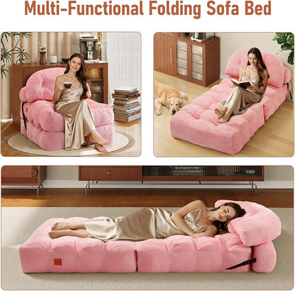 Folding Sofa Bed, Convertible Sleeper Chair with Back Support and Pillow Futon,Boneless Foldable Couch for Living Room/Guest Use/Home Office, Foldable Chair Bed for Adults, Pink