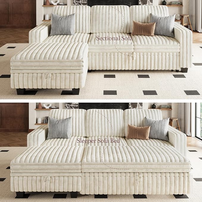Belffin Corduroy Modular Sectional Sleeper Sofa with Pull Out Bed Small Sectional Couches with Storage for Living Room Apartment Couch. Beige Couch