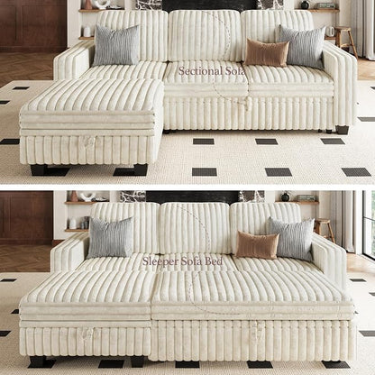 Belffin Corduroy Modular Sectional Sleeper Sofa with Pull Out Bed Small Sectional Couches with Storage for Living Room Apartment Couch. Beige Couch