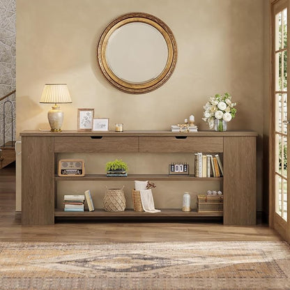 71.8 Inch Extra Long Console Table with Drawers, Farmhouse Long Console Table with Shelves & Built-in Outlets, Entryway Table with Storage for Living Room, Entryway, Hallway, Brown