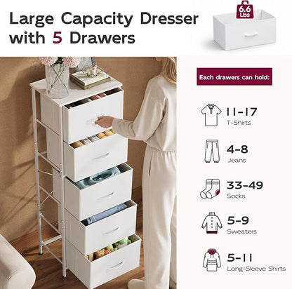 WLIVE Fabric Dresser, 5-Drawer Tall Dressers for Bedroom, Storage Dresser Organizer with Fabric Bins, Wood Top, Sturdy Steel Frame, Chest of Drawers for Closet, Hallway, White