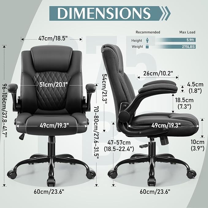Leather Office Chair, PU Home Computer Desk Chairs with Ergonomic Back Support, 360°Swivel Free，Small Gmaing Chair with Wheels and Adjustable Armrests, for Short People Use, Black