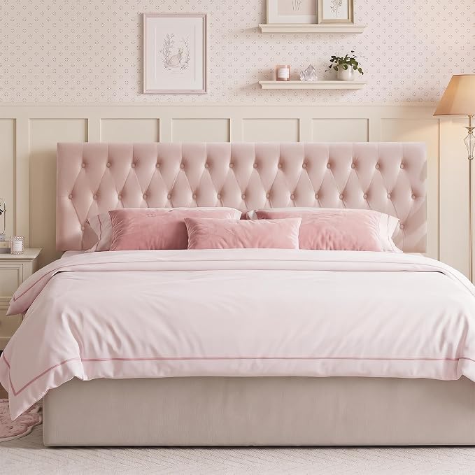 Tufted Upholstered King Size Bed Headboard in Modern Button Design, Adjustable Solid Wood Head Board, Premium Velvet Fabric Padded Headboards in Bedroom (Pink)