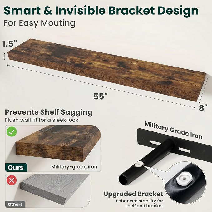 Floating Shelves for Wall, 55 Inch x 8 Inch Deep Wall Mounted Wood Shelf with Invisible Brackets for Storage & Display, Living Room Bedroom Kitchen, Rustic Brown, Set of 2
