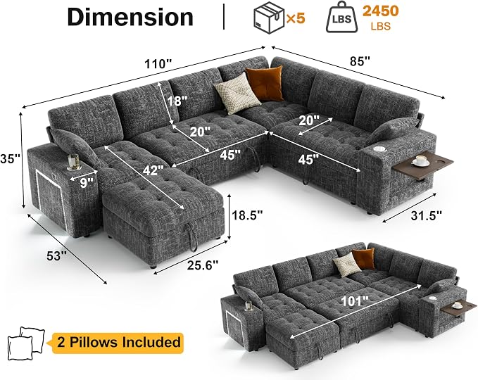 Vipbear 111" Modular Sectional Sleeper Sofa with Pull Out Bed, 7 Seat Chenille L Shaped Couch with Storage Ottoman|USB Ports|Cup Holders|Side Table|LED Light, Tool Free Assembly, Grey