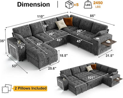 Vipbear 111" Modular Sectional Sleeper Sofa with Pull Out Bed, 7 Seat Chenille L Shaped Couch with Storage Ottoman|USB Ports|Cup Holders|Side Table|LED Light, Tool Free Assembly, Grey