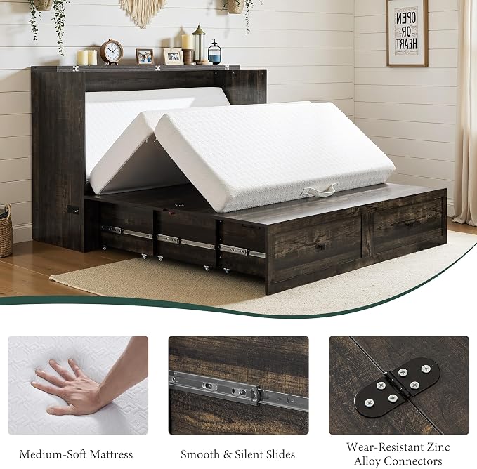LUXOAK Full Murphy Bed with 6" White Tri-Fold Memory Foam Mattress, Storage Drawer & Charging Station, Space-Saving Design for Home Office or Guest Room, Black Oak