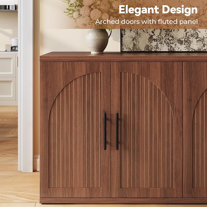 MapleGrace 63" Fluted Buffet Cabinet with Storage, Mid-Century Symmetrical Arched Sideboard Credenza with Adjustable Shelf, Large Wood Console Table for Dining Room, Kitchen, and Living Room (Walnut)