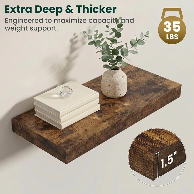 Floating Shelves for Wall 24 in x 9.3 in Deep, Wall Mounted Rustic Wood Shelf with Invisible Brackets for Storage & Display, Living Room Bedroom Bathroom, Brown, 2 Pack