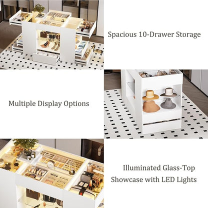 Kikihouse Modern Closet Island with 10 Drawers, LED Wardrobe Armoire Island with Glass Top, Luxury Walk-in Closet Island Storage Cabinet with Display Shelf for Cloakroom, Dressing Room (White)