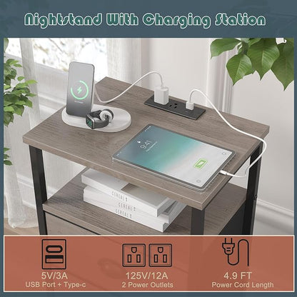 sthmec Nightstand with Charging Station,LED Nightstand with 3 Fabric Drawers, Bedside End Tables, 2-Tier Open Storage Shelf, Side Table Nightstand with Drawers for Bedroom,Grey
