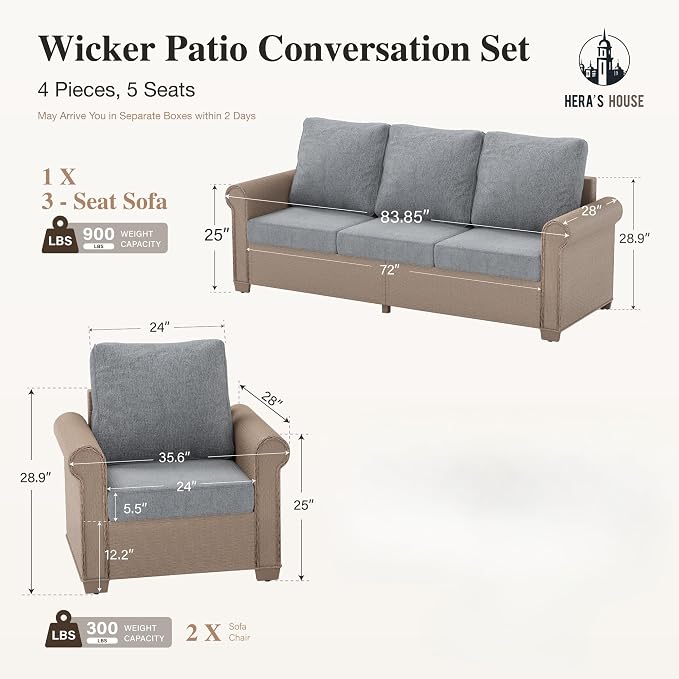 HERA'S HOUSE Patio Furniture Set, 4 x Cushioned Chairs, 3-Seat Sofa with Wood Grain Coffee Table, 5 Seats Luxury Windsor Style All Weahter Outdoor Sofa Conversation Set for Deck Lawn Backyard