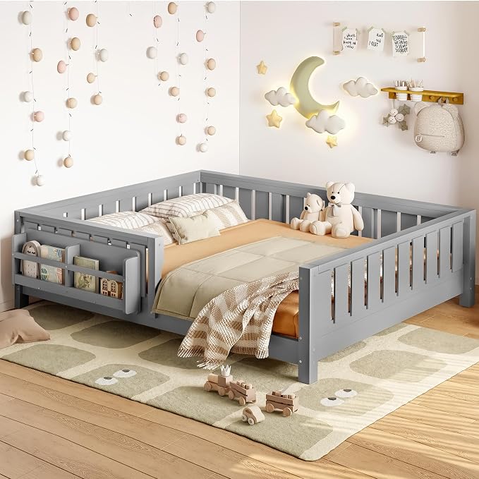 Bellemave Full Size Floor Bed with Slats and Guardrails, Full Size Montessori Floor Bed with Bookcase and Fence, Low Profile Montessori Beds for Kids, Gray Floor Beds Frame