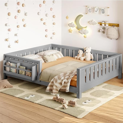 Bellemave Full Size Floor Bed with Slats and Guardrails, Full Size Montessori Floor Bed with Bookcase and Fence, Low Profile Montessori Beds for Kids, Gray Floor Beds Frame