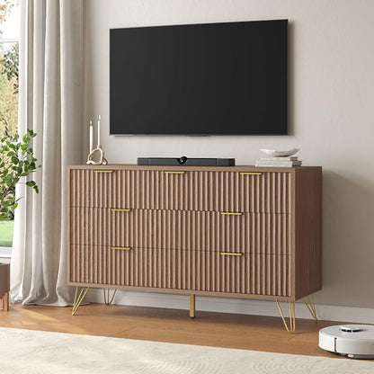 Fluted 7 Drawers Dresser for Bedroom, Wood Dressers with Scratch-Proof Golden Handles, Natural Curved Profile, Modern Chest for Living Room, Hallway, Entryway, Natural Oak
