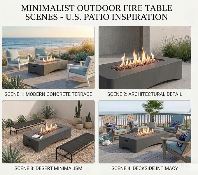 56" Propane Fire Pit Table, 50,000 BTU Rectangular Outdoor Gas Fire Pit, Concrete Patio Fire Table with Tank Seat, Lava Rocks & Waterproof Cover for Backyard Deck, Dark Grey