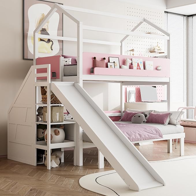 Harper & Bright Designs House Bunk Bed with Slide and Bookshelf, Twin Over Full Bunk Bed with Trundle and Stairs for Kids Teens Juniors, Space Saving, No Box Spring Needed, White+Pink