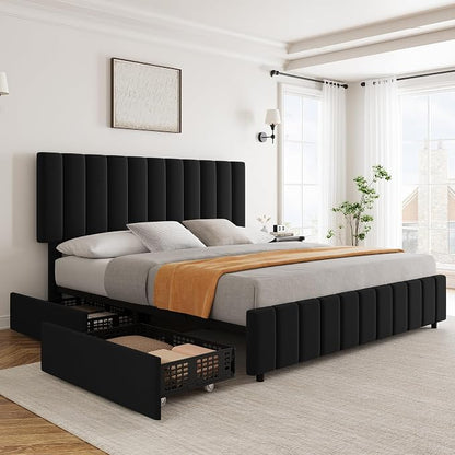 IDEALHOUSE King Upholstered Bed Frame with 4 Storage Drawers, Adjustable Headboard and Wooden Slats Support, No Box Spring Needed, Black
