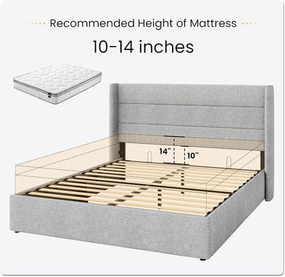 SHA CERLIN Full Size Lift Up Storage Bed/Modern Wingback Headboard/Upholstered Platform Bed Frame/Hydraulic Storage/No Box Spring Needed/Wood Slats Support/Light Grey