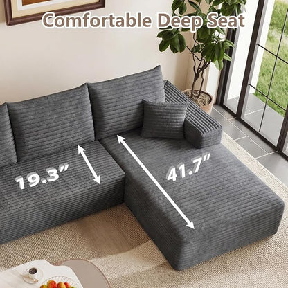 95" Cloud Sectional Couch with L-Shape Chaise, Modular Comfy Sofa Chaise Longue, Upholstered Corduroy Couches Sleeper with Deep Seat for Living Room Bedroom, No Assembly Required(Grey, Right Facing)