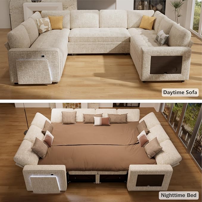 Vipbear 8 Seat U Shaped Modular Sectional Sleeper Sofa with Pull Out Bed/Reclining Backrest/USB Ports/Table/LED Light/Storage Seat, Sectional Sleeper Couch, Tool-Free Assembly, Chenille Beige