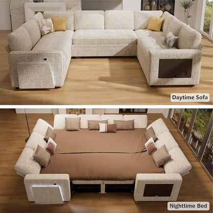 Vipbear 8 Seat U Shaped Modular Sectional Sleeper Sofa with Pull Out Bed/Reclining Backrest/USB Ports/Table/LED Light/Storage Seat, Sectional Sleeper Couch, Tool-Free Assembly, Chenille Beige