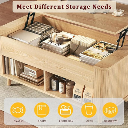 Lift Top Coffee Table with Storage, 41" Mid Century Modern Coffee Table with Fluted & Curved Profile Design, Hidden Storage Compartment, Lower Shelf Center Table for Living Room Office, Oak