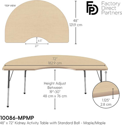 FDP Kidney Activity School and Office Table (48 x 72 inch), Standard Legs with Ball Glides for Collaborative Seating Environments, Adjustable Height 19-30 inches - Maple Top and Maple Edge