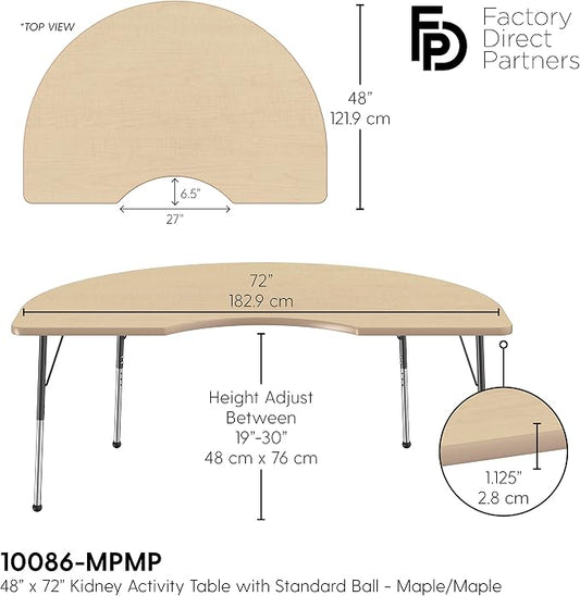 FDP Kidney Activity School and Office Table (48 x 72 inch), Standard Legs with Ball Glides for Collaborative Seating Environments, Adjustable Height 19-30 inches - Maple Top and Maple Edge